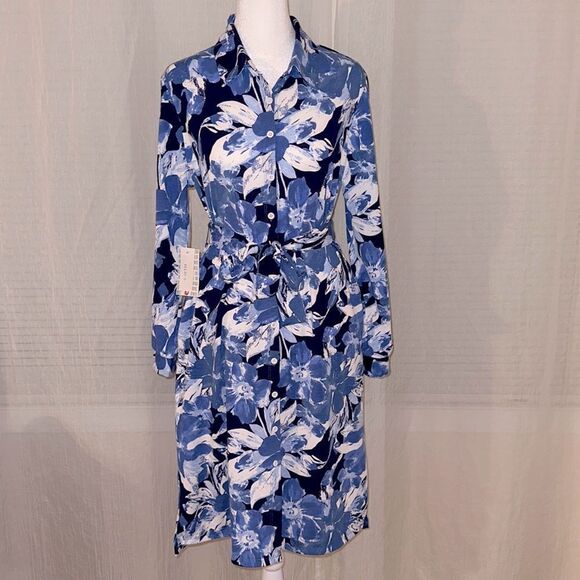 LuLaRoe S ELLIE Blue White Floral Long Sleeve A Line Midi Shirt Dress - Picture 1 of 16
